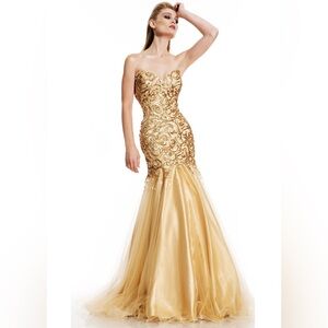 Johnathan Kayne Strapless Sequin Mermaid Prom Gown Gold Tulle Sz 6